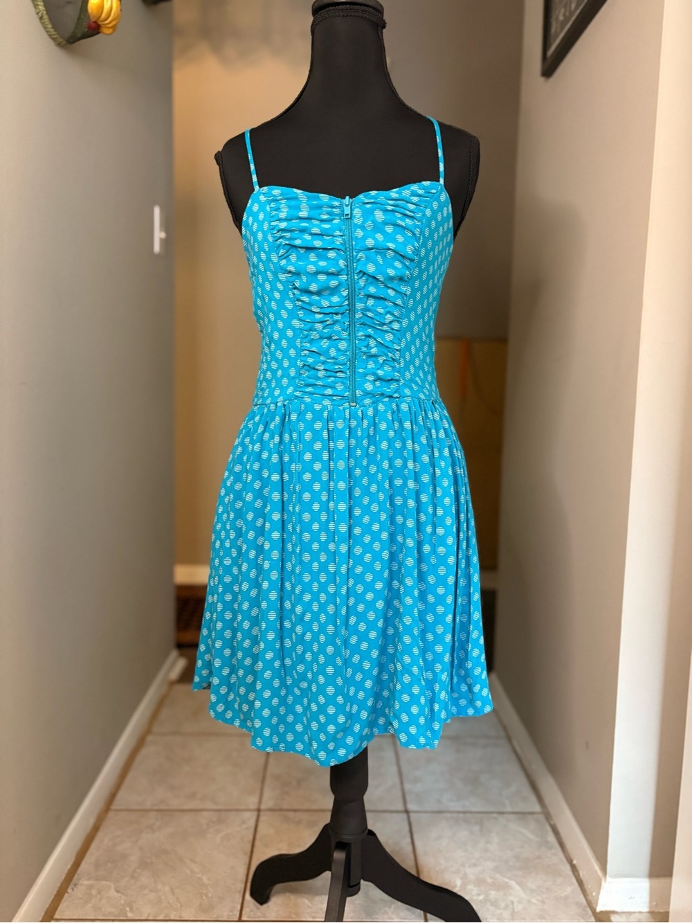 Xhilaration Turquoise Polka Dot Ruched Sundress